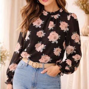 Forever 21 Black Blouse with Pink Rose Print, Chiffon Back